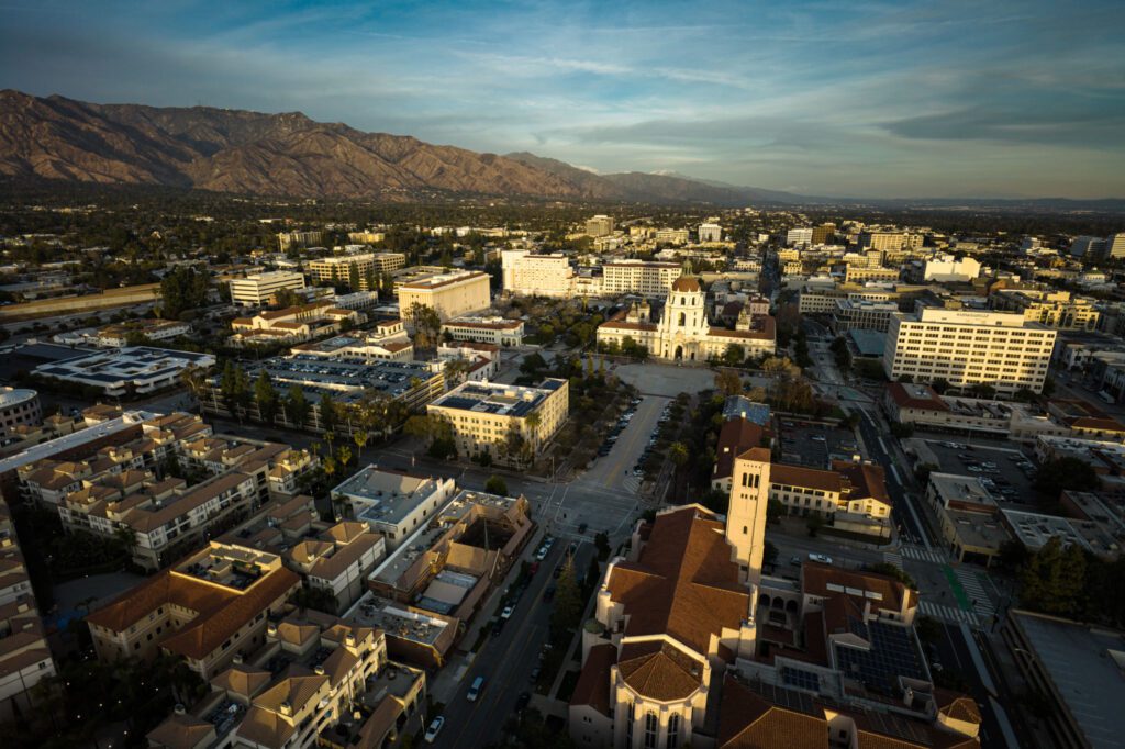 Aerial view of urban landscape at sunset