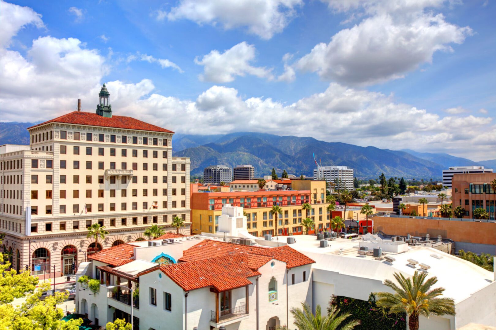 Historic buildings under cloudy sky