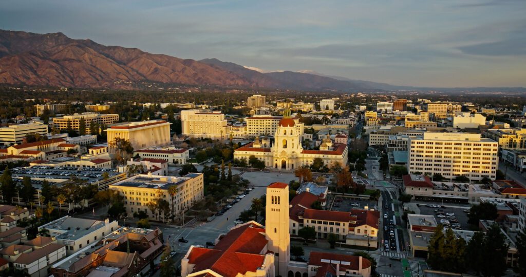 Aerial view of urban landscape and mountains